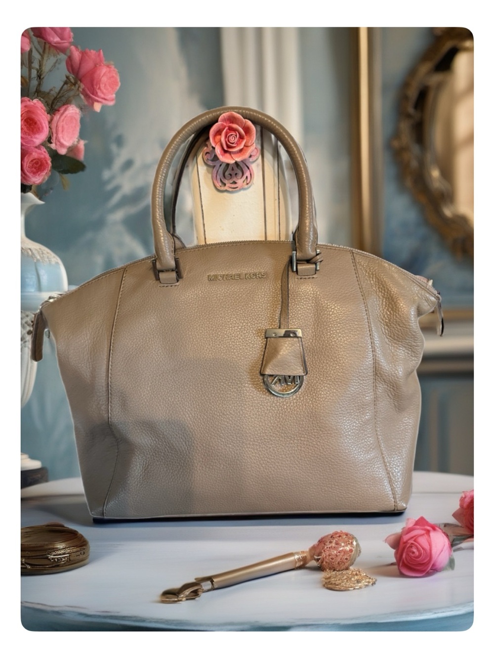 Michael Kors Taupe Pebble Leather Dome Satchel